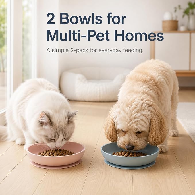 Meow&Woof 2 Pack Silicone Cat Food Bowls with Suction Base, Whisker-Friendly Shallow Cat Bowls for Wet Food, Non-Slip Pet Feeding Dishes for Cats, Small Dogs, Puppies and Kittens, 7.8", Pink & Blue