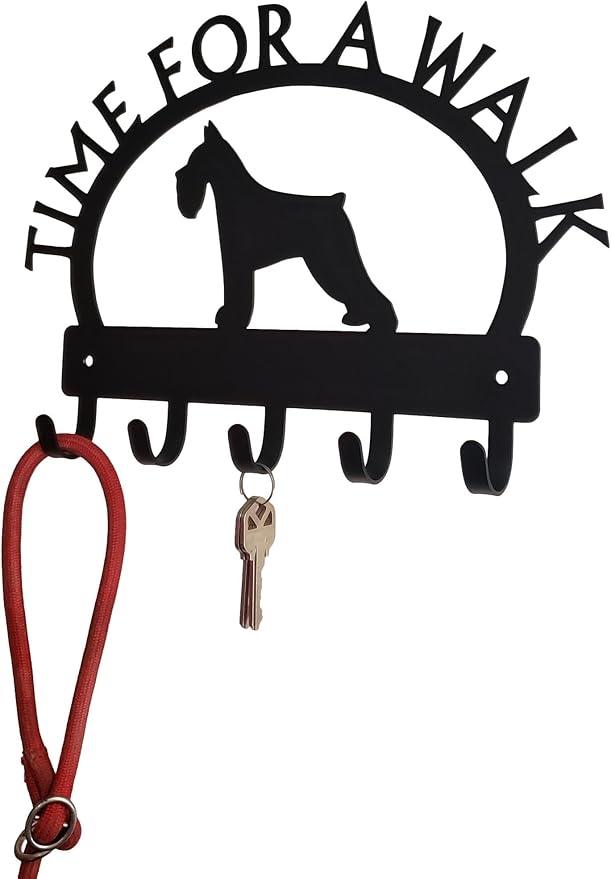 Miniature Schnauzer Time for a Walk Leash Hanger | Made in USA. 5 Hooks. Wall Mounted