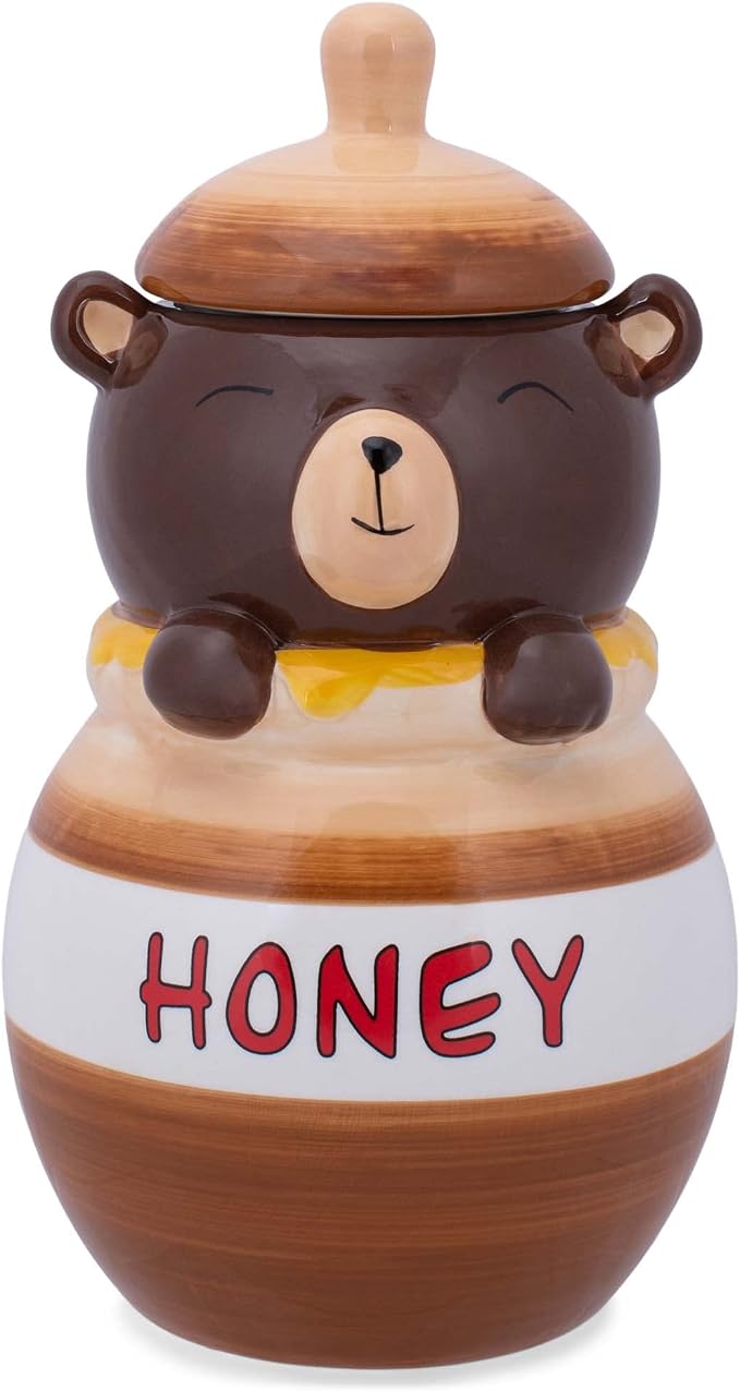 Dolomite Ceramic 11.1 x 6.3 Everyday Cookie & Candy Jar with Airtight Lid: Perfect for Kitchen Canisters, Pet Treat Containers & Decorative Storage, Smiling Brown Bear in Honey Jar