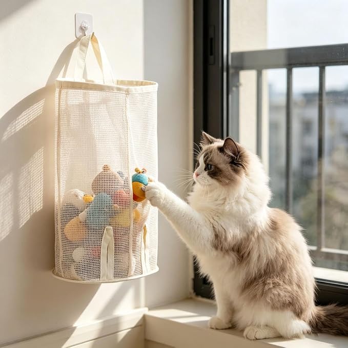 2026 New Pet Toy Storage Bag, Wall-Mounted, Space-Saving Organizer with Bottom Opening for Cat Wand Toys and Dog Toys (#A)