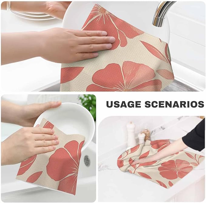 Red Floral Kitchen Towels Blossom Flowers Soft and Super Absorbent Dish Towels 2 Pack 16 X 24 Inches