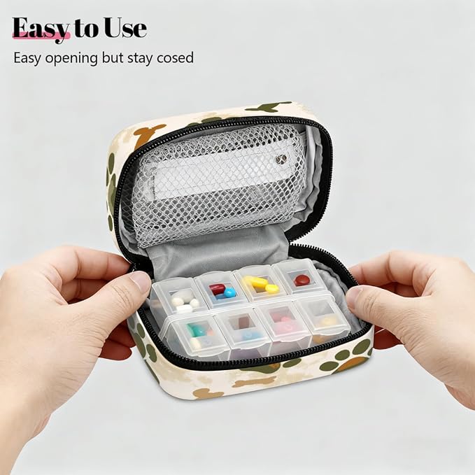 Weekly Pill Organizer Travel Size Bag with Removable 7 Day Pill Box Portable Vitamin Case Purse with Zipper,Camouflage Pet Paws Beige