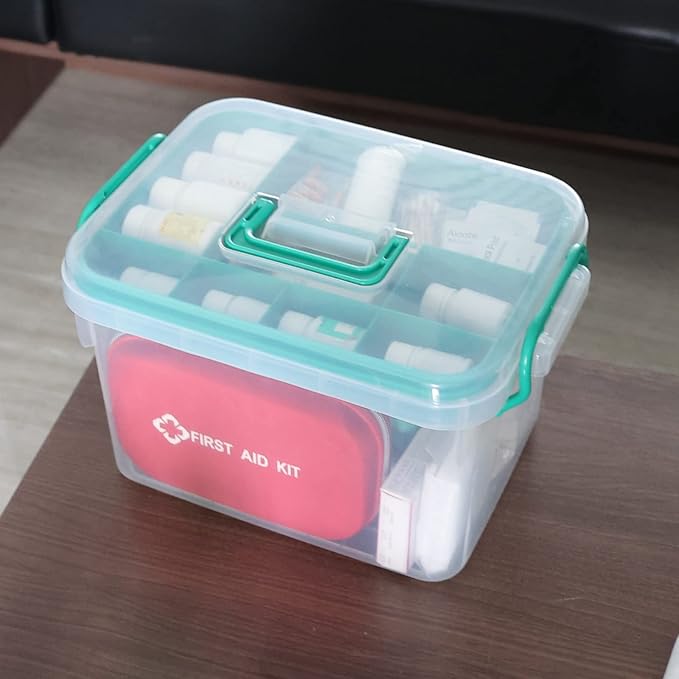Vababa Clear First Aid Box, Plastic Storage Container with Locking Lid | Secure Locking Latch Lid, Removable Divided Tray, Top Carry Handle, Ideal For Medicine, Bandages, First Aid Supplies Storage