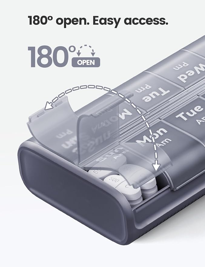 Pill Organizer 2 Times a Day, Built-in Desiccant | 7 Day AM PM Weekly Pill Box, Easy-Open, Portable Carry Handle, BPA-Free, Matte Privacy Case for Supplements and Vitamins