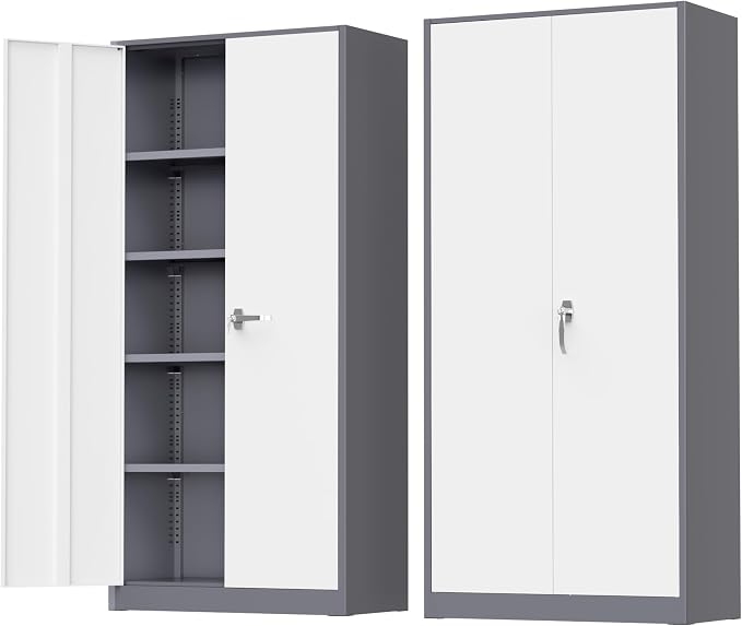 Greenvelly Metal Storage Cabinet with Doors and Shelves, 72" Inch Locking Metal Cabinet,Garage Storage Cabinet for Garage Office School Warehouse (White Gray)