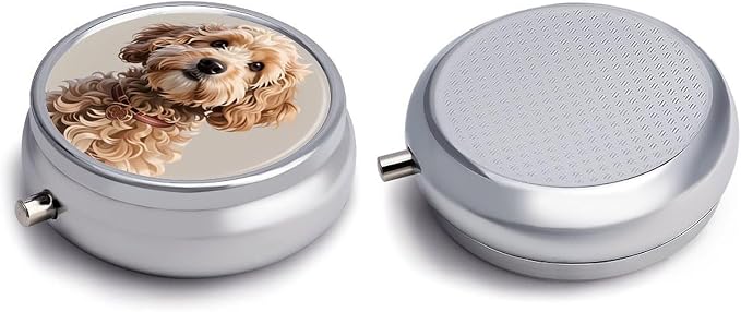 Cute Cockapoo Metal Pill Organizer with Mirror, 3-Compartment Travel Pill Box, 2-Inch Round Pocket Medicine Case with Secure Latch, Portable Vitamin Holder for Women & Men