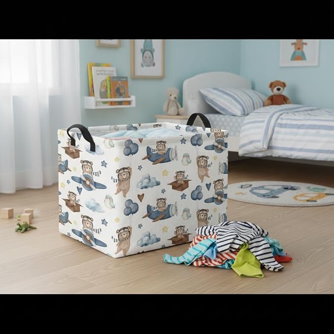 Rectangular Kids Basket Baby Girl Basket Fabric Storage Bin Organizer Box Room Decor(Bear Pilot)