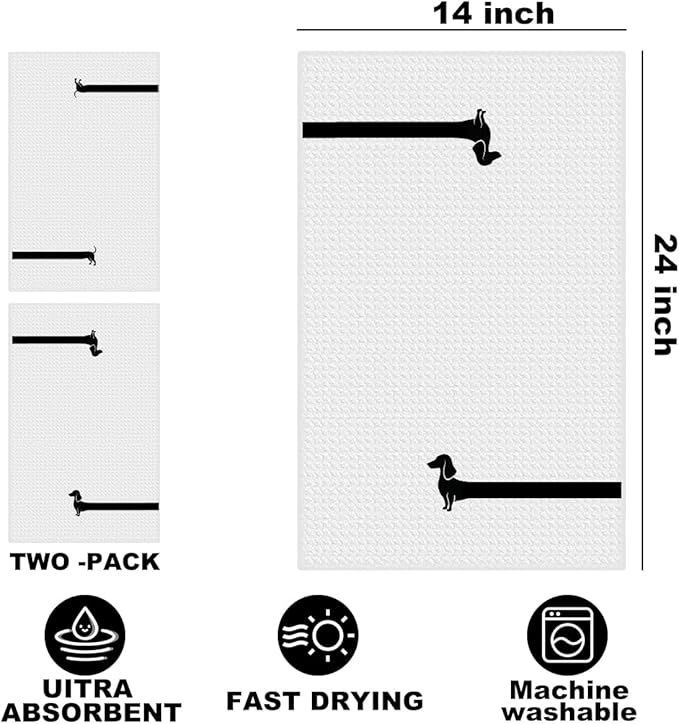 2 Pcs Dachshund Kitchen Towels 24x14 Inch, Dachshund Gifts Reusable Dish Towels for Kitchen Bathroom Decor, Waffle Weave Absorbent Hand Cloth Tea Towel, Funny Weiner Dog Gifts for Women Friend