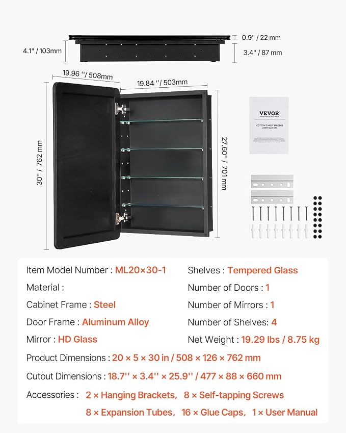 VEVOR Medicine Cabinet, 20 x 30 inch, Medicine Cabinet for Bathroom with Mirror, Aluminum Frame Bathroom Wall Cabinet, 4-Layer Adjustable Shelves, Recessed & Wall-Mounted Installation