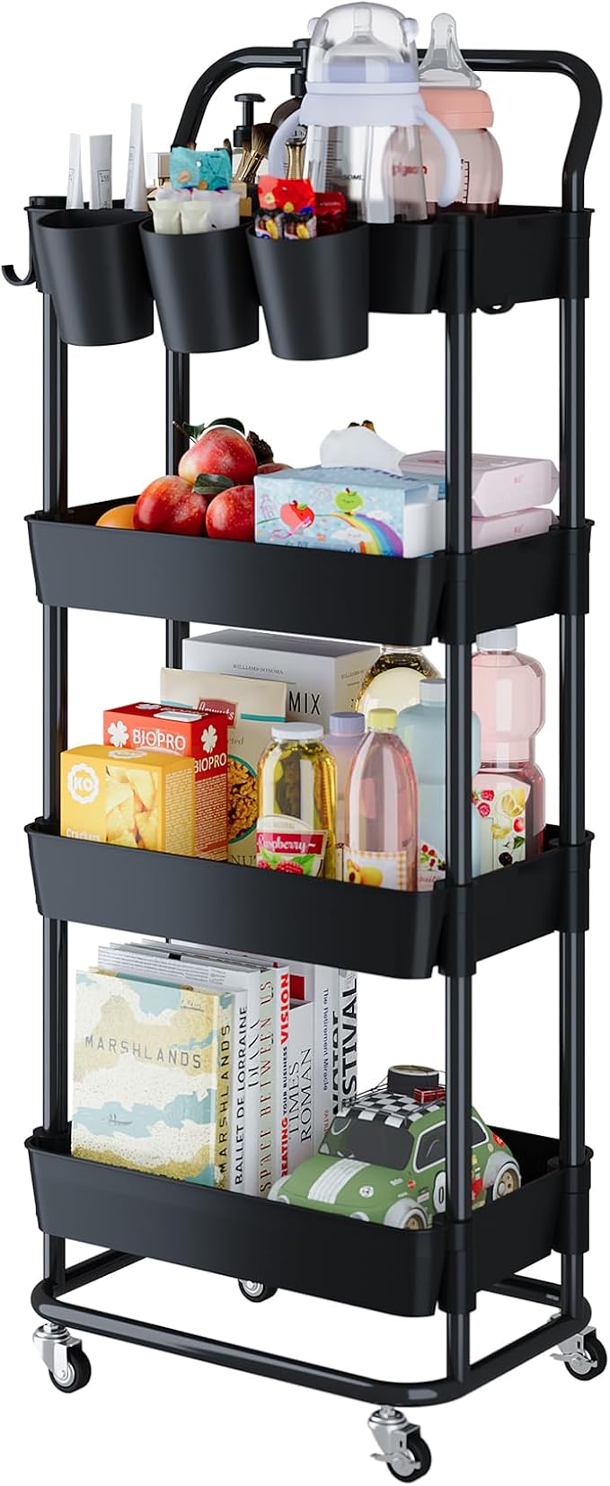 Buzowruil 4-Tier Rolling Utility Cart, Storage Cart with Handle Multi-Purpose and Locking Wheels,with Hanging Basket and Hook for Office, Kitchen, Bathroom,Black