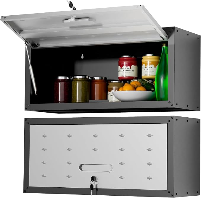 Metal Wall Cabinet,Wall Mounted Garage Cabinets with Lockable Door,Hanging Storage Cabinet 130 lbs Capacity,Floating Cabinet for Tool Organization in Basement,Workshop,Kitchen,Black/Grey