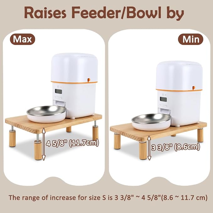 SZEE Adjustable Dog Food Stand, Raised Dog Bowl Stand for Small Breeds, Elevates Form 3 3/8" to 4 5/8", Relieves Spine and Joints on Pets (S, Solid Wood)