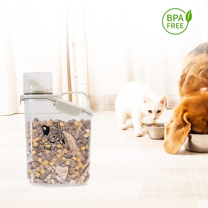 Cat Food Storage Container Airtight |3 Qt/2.8 L Clear Plastic Cat Puppy Food Treats Container with Measuring Cup|Hold up to 3.8 lbs of Pet Food|Portable Food Containers for Travel| BPA Free