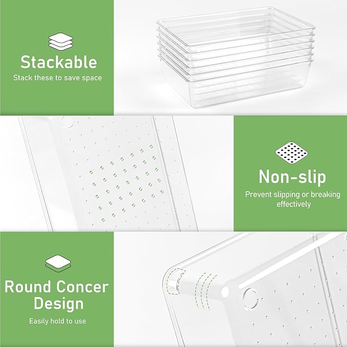 8 PCS Clear Plastic Drawer Organizer Tray, Acrylic Vanity Bathroom Drawer Organizers Trays, Small Desk Drawer Organizer Bins for Cosmetic, Makeup, Kitchen, Office, Drawer Divider Organization