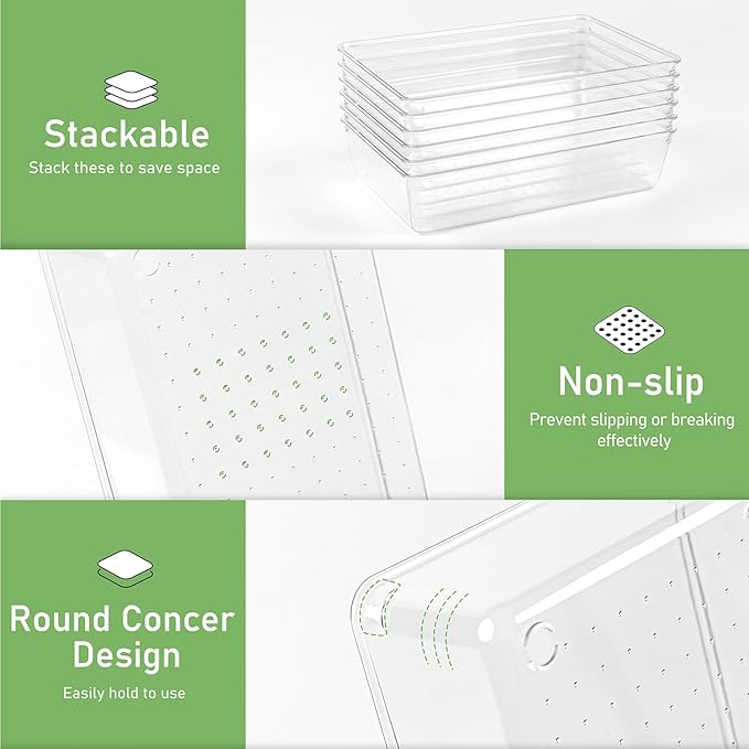 6 Pack Drawer Organizers, Plastic Clear Acrylic Non Slip Non Cracking kitchen drawer organizer Stackable Bathroom Drawer Organizer Trays, Storage Bins for Makeup, Bathroom, Kitchen Office