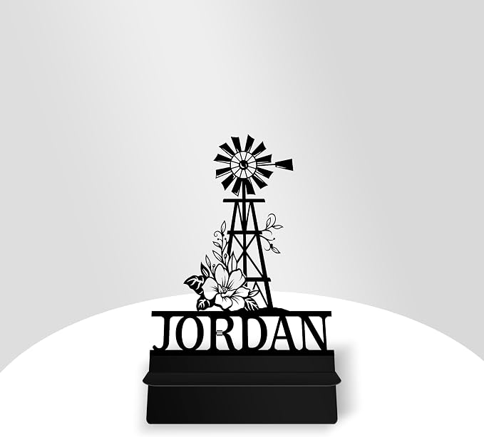 Personalized Farmhouse Windmill Phone Holder, Custom Name Metal Desk Stand, Natural Accessories Dock, Tablet, Smartphone Stands, Gifts For Friends, Home Lovers, Teens, Christmas