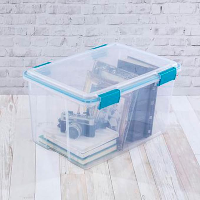 Sterilite 54 Qt Gasket Box, Stackable Storage Bin with Latching Lid and Tight Seal, Plastic Container to Organize Basement, Clear Base and Lid, 1-Pack