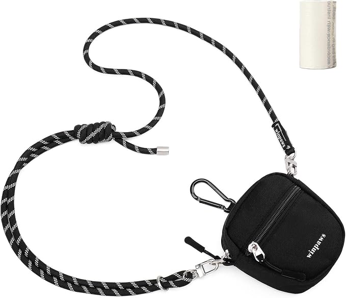 Dog Treat Pouch with Poop Bag Holder, Small Crossbody Bag for Puppy Training and Walking, Shoulder Strap Can Use as Dog Leash- Pet Travel Accessories, Metal Carabiner Attached (Black) | 900D Oxford Fabric