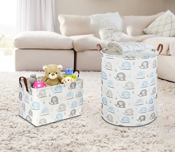 NTAOHAMPER Rectangular Blue Elephant Storage Basket,Collapsible Gift Basket with Handles,Books Box,Room Decor(Blue Elephant)