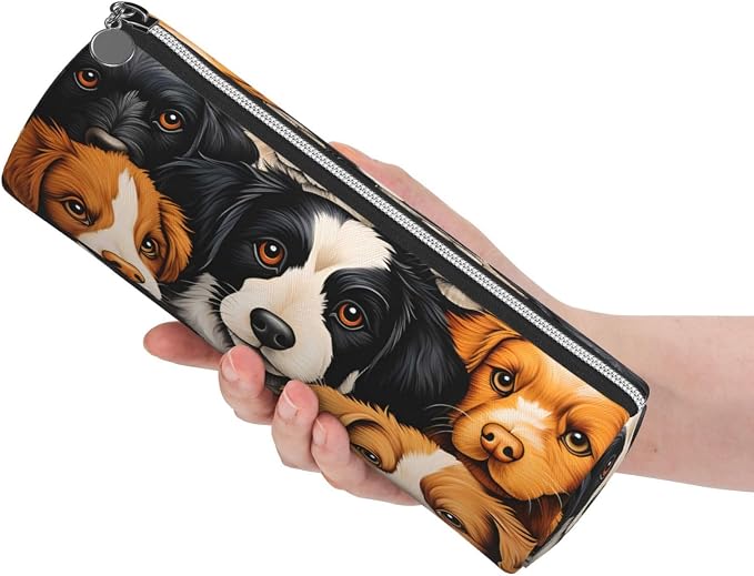 OSAM SPACE Leather Pencil Case Round Pencil Bag Cute Dogs Pen Organizer Holder Portable Zipper Pouch Cute School Supplies for Girls Boys Study Office