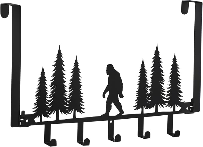 AceOrbit Black Bigfoot Over The Door Hooks Hanger 5 Hooks Rustic Decor | for Bedroom Bathroom, Organizes Towels Hats Clothes, Farmhouse Decor, Over the Door for Kids