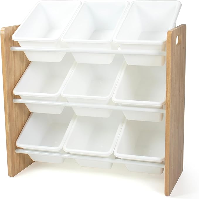 Humble Crew Kids Toy Organizer with 9 Bins, 3 Tier Storage for Playroom | Sturdy wood and steel toddler shelf, removable BPA-free containers, wall anchor anti-tip safety kit for bedroom or classroom