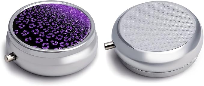 Mirror Top Round 3 Compartment Pill Box Pueple Glitter Cheetah Leopard Print Black, Cute Pill Organizer for Purse Pocket Vitamin Medicine