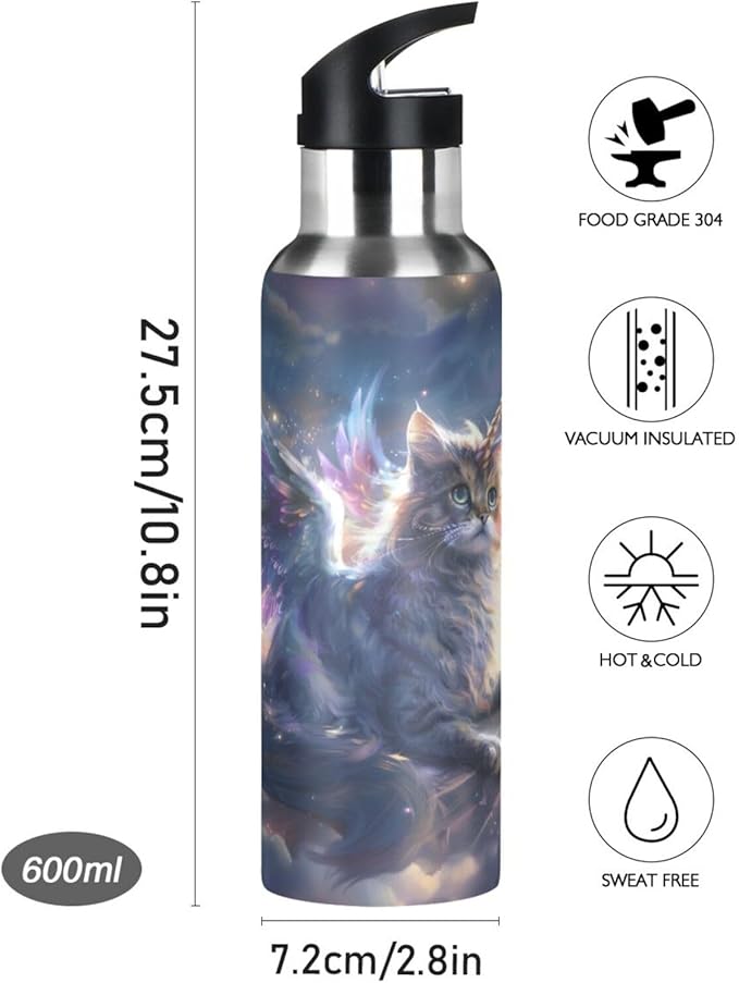 Unicorn Cat with Wings Water Bottle with Straw Lid Kids Insulated Stainless Steel Water Flask Sports, 20 Oz Hot Cold