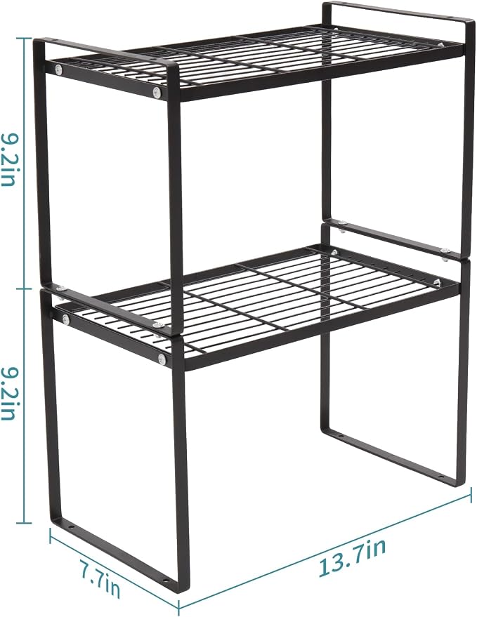 MiaLi Cabinet Organizer Shelf, Set of 2 Metal Counter Shelves Spice Rack, Stackable Kitchen Bathroom Organizers and Storage, Black