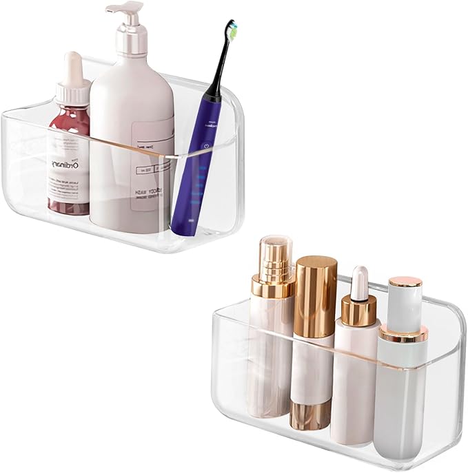 CGBE 2-Pack Cabinet Door Organizer, Self Adhesive Bathroom Shelves, Clear | Acrylic Shower Caddy, Wall Mounted Storage, No Drilling, Automatic Draining, For Cabinet Door and Shower Wall