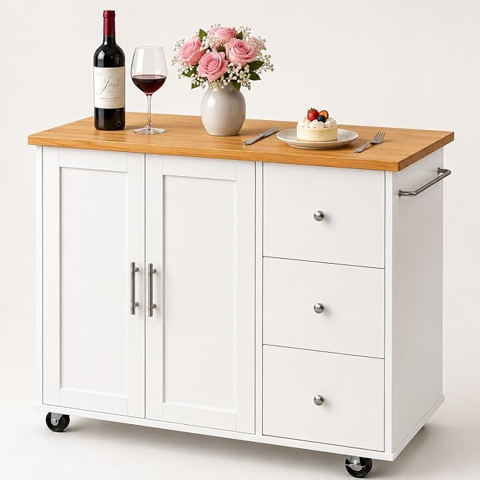 Mobile Kitchen Island on Wheels, Rolling Storage Cart with Drawers, White | 40" Rolling Kitchen Cart , Portable Utility Cart with Locking Casters, for Small Kitchens & Dining Rooms