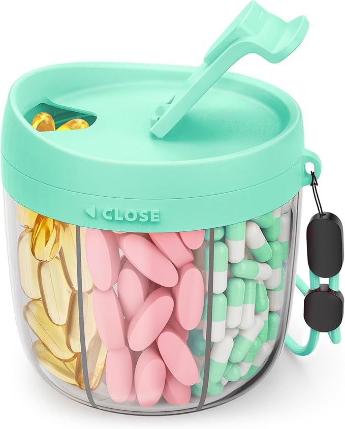 AMOOS Cute Pill Dispenser with Anti-Mix Design, 7-Slot, BPA-Free, Patented | Portable Travel Pill Organizer, Wide Mouth for Easy Access, Pill Bottle Organizer for Vitamins, Fish Oils, Supplements, Green