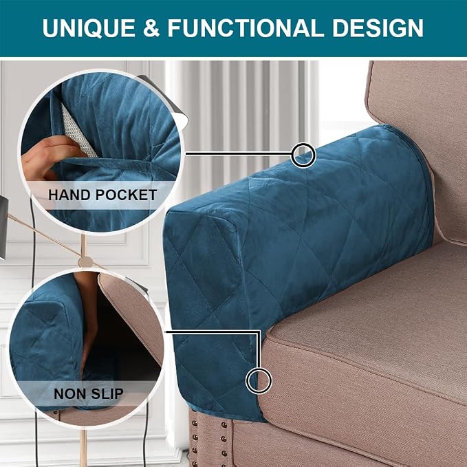 Velvet Quilted Armrest Covers - Water-Resistant Sofa Arm Protectors Set of 2 with Side Pocket Organizer, Non-Slip Furniture Covers for Chairs & Couches (Peacock Blue)