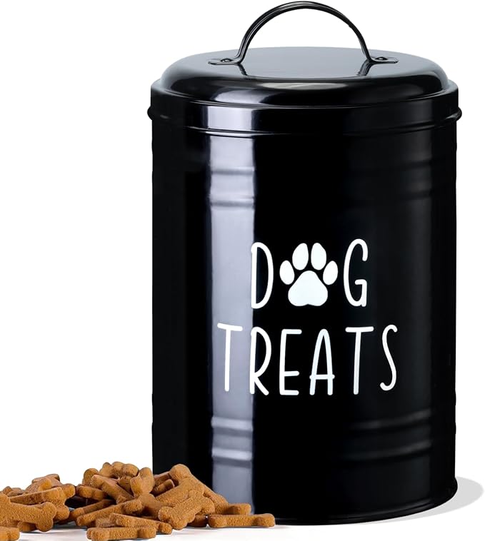 Dog Treat Container Airtight, 9.1''Hx5.5''W, 10 Cup Capacity (Black) | Airtight Lid Keep Food Fresh,Large Capacity Dog Treat Jar Suitable All Popular Treats,Dent-Resistant Durable Metal Cookie Jar