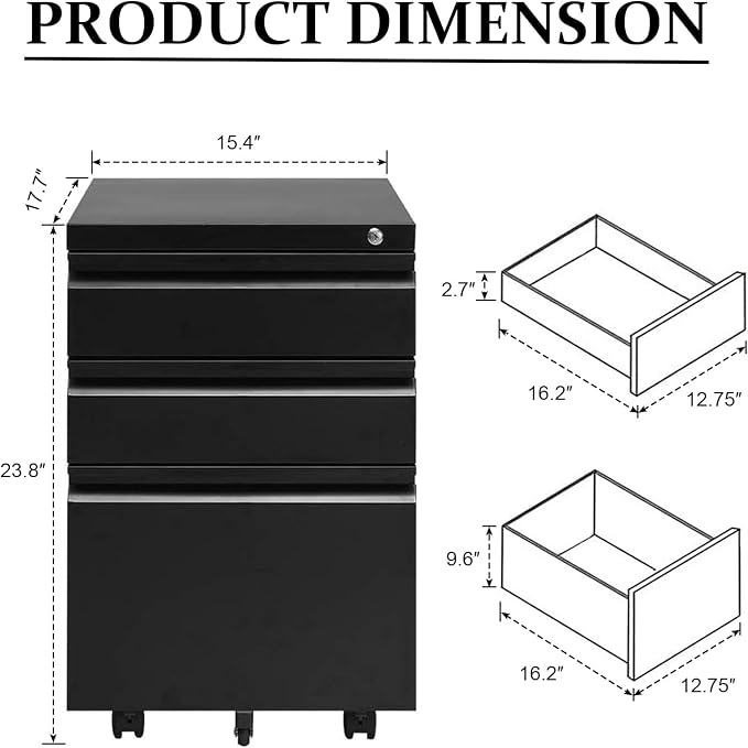 3-Drawer Mobile File Cabinets Rolling Metal Filing Cabinet for Legal & Letter File Anti-tilt Design with Lock Under Desk Office Drawers,Requires Assembly,Black