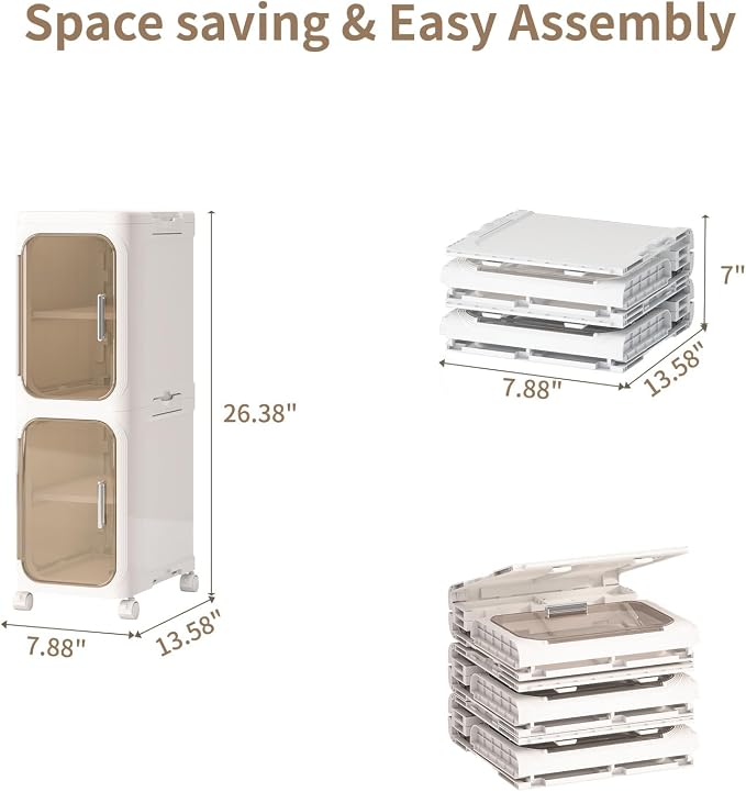 2 Tier Slim Bathroom Storage Cabinet, Foldable and Movable, Beige | Tools Free, ABS and PET, Magnetic Clear Door, Adjustable Shelves, Lockable Wheels, Water Resistant, For Narrow Space