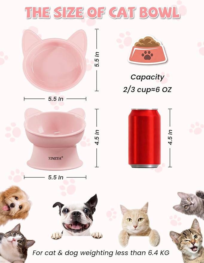 YINEYA Cat Bowls, Cat Food Bowl Elevated to Protect Neck & Anti-Vomit, Whisker-Friendly Raised Food & Water Bowls for Indoor Cats/Small Dogs, Cute Pet Feeding Bowl 6 OZ Each, Dishwasher Safe, Pink