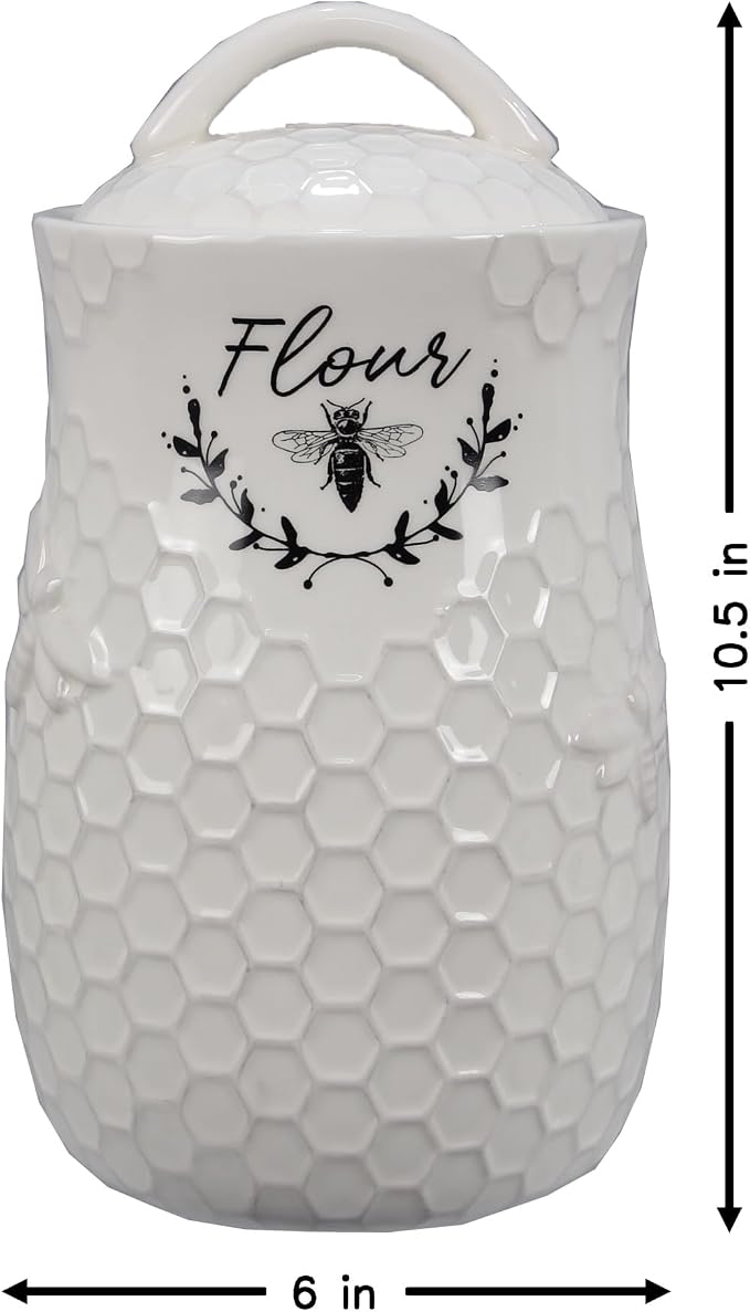 Young's Inc Ceramic Honey Bee Kitchen Canister Set of 4, Farmhouse Food Storage Containers for Flour Sugar Coffee Tea, Honeycomb Kitchen Decor with Lids, Hand Wash Only, Designed in USA