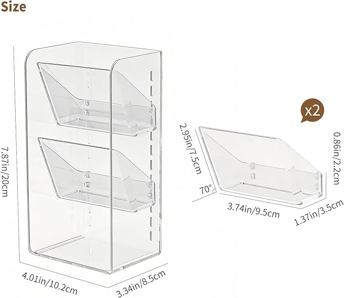 PAVSTINE Medicine Cabinet Organizer with Adjustable Dividers, Clear Open Storage Compartment, Space-Saving Makeup Brush Holder for Bathroom, Wall Cabinet, Vanity Countertop (2-Tier Full Slant)