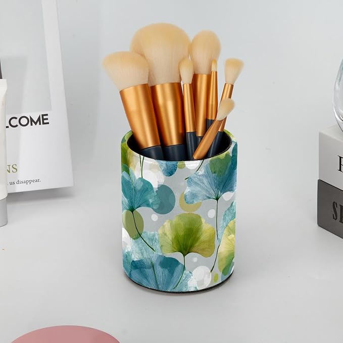 Faux Leather Pen Holder for Desk, Pencil Organizer Artistic Leaves Pen Cup Desk Decor Makeup Brush Holder Storage for Office Home