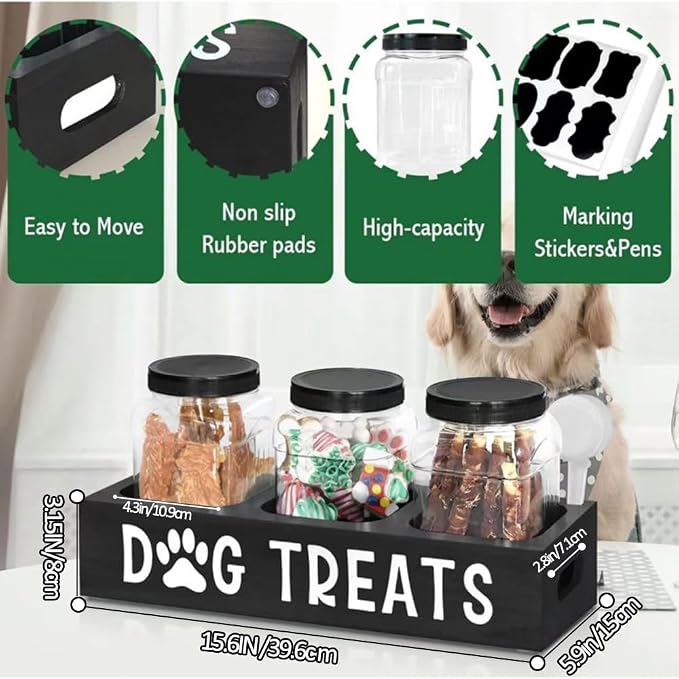 Pet Food Storage Canister with 3 Jars for Kitchen Countertop | Works as dog treat container, ideal for puppy use, sleek black appearance for home kitchen storage