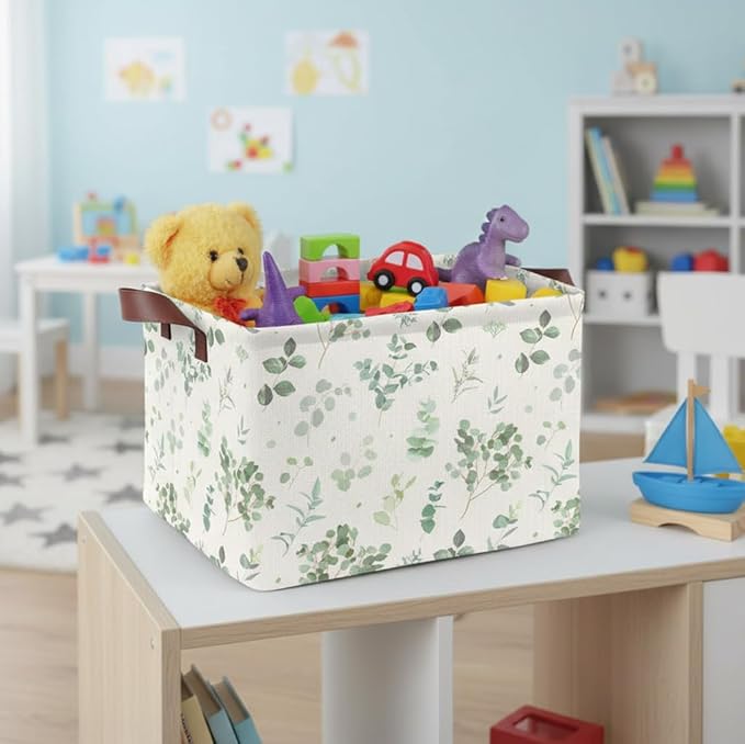 Sage Green Storage Basket Waterproof Canvas Toy Storage Bin Home Decor Collapsible Outdoor Basket with Leather Handles Sage Green Blanket Baskets For Closets,Bedrooms,Gifts Baskets