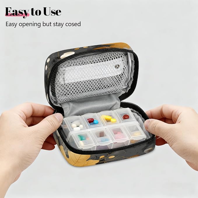 Travel Pill Organizer Black Gold Autumn Leaf Small Pill Case