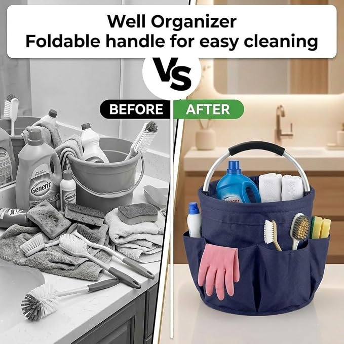 Foldable Cleaning Caddy with Handle 17L Large Cleaning Supplies Organizer 600D Oxford Portable Bucket Basket with 6 Pockets for Home Bathroom Garden Garage - Blue