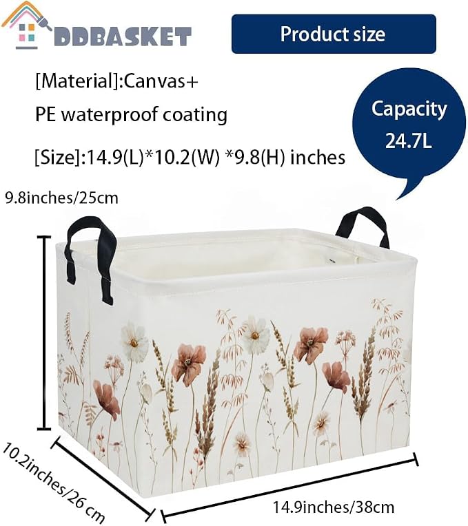 Rectangular Kids Baskets Flower Basket Kids Storage Bins Girls Basket Cute Storage Bin Organizer Box Room Decor for Home(Ink wash flower)