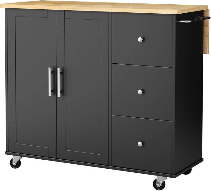 QAQA 40" Kitchen Island Cart Furniture cart on Wheels Rolling Portable Dining Room Serving Utility Carts Mobile Movable with Drawers Cabinet,Black