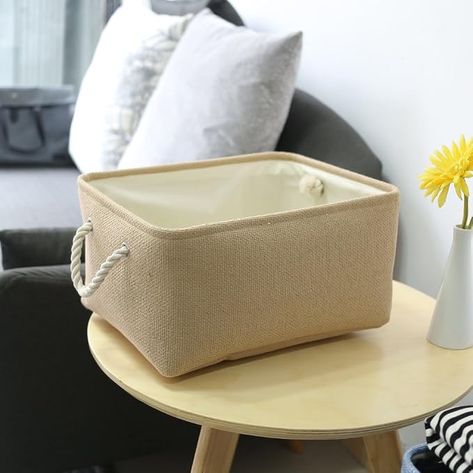 Decorative Basket Rectangular Small Storage Basket Fabric Storage Bin Organizer Basket with Handles for Clothes Storage (Beige, 11.8L×7.9W×5.2H inch)
