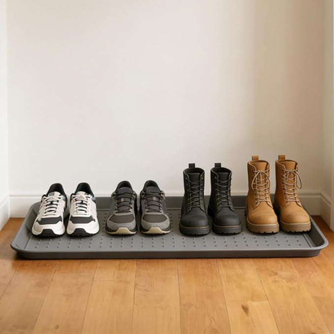 Asixxsix Silicone Boot Tray, 30x15 inch Non Slip Shoe Tray with Raised Edge, Pet Feeding Mat Sink Protector, Heavy Duty Boot Mat for Entryway Shoe Storage Indoor Outdoor Use (Gray)