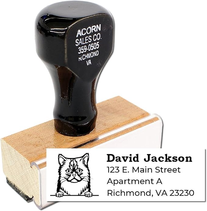 Peeking Asian Semi Longhair Cat Wood Handle Address Stamp - Crisp Imprint | Envelope Stamp with Asian Semi Longhair Cat Design. Customised Address Stamp for Veterinary Offices. 4 lines of custom text.