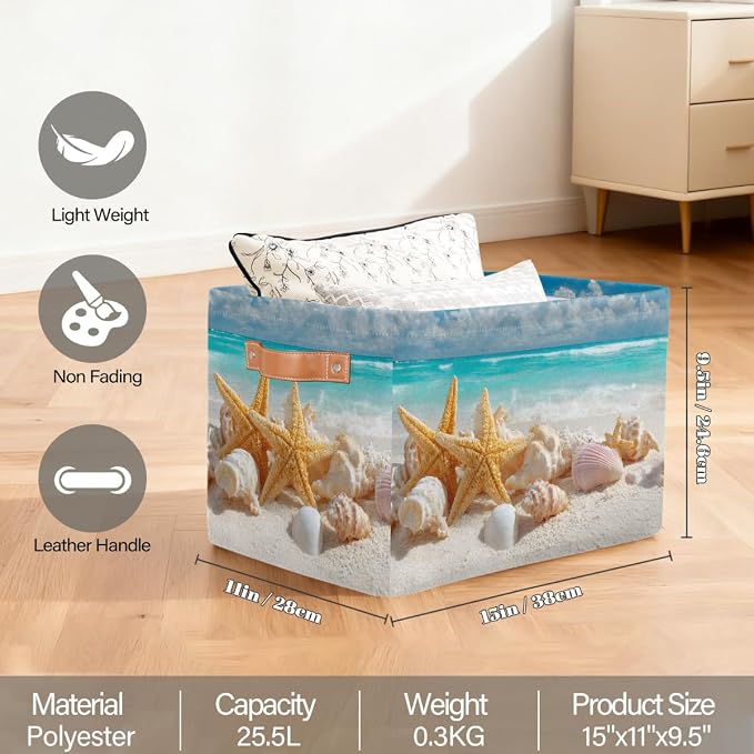 Pardick Storage Baskets Bin, Beach Ocean Starfish Seashells Collapsible Canvas Fabric Storage Bin Decorative Baskets Toy Organizer Rectangle Storage Boxes with handles for Home Shelves Nursery,Q-8